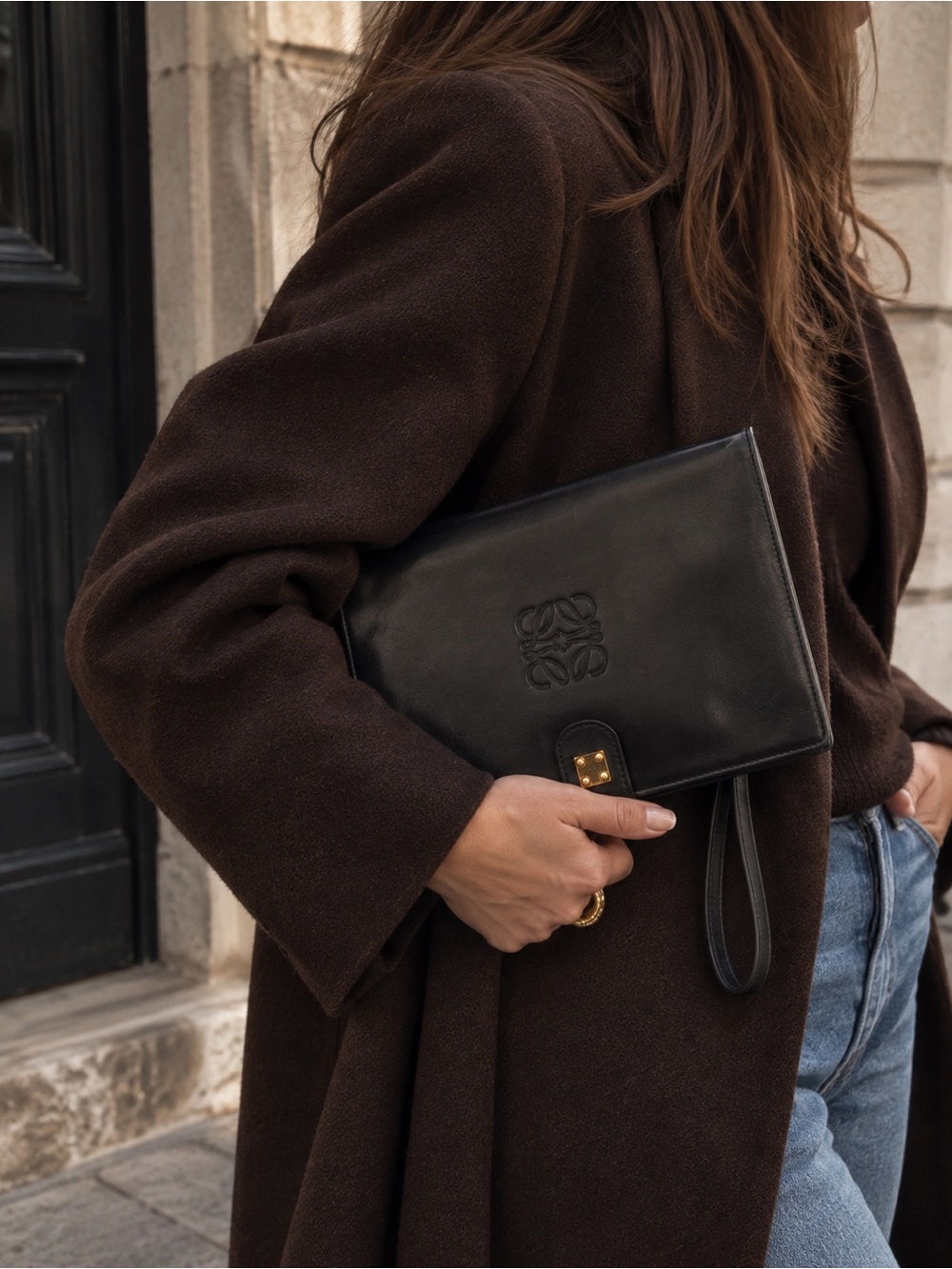 Vintage Loewe Black Leather Anagram Clutch Wristlet
